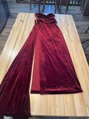 Velvet Burgundy Strapless Evening Gown with Side Slit